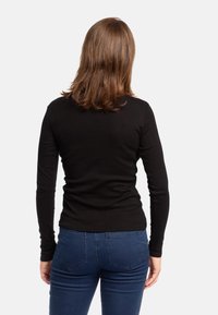 Camisetta nera a maniche lunghe realizzata in tessuto morbido, con un design aderente. La parte posteriore presenta linee lisce con dettagli minimi. Abbinata a jeans blu.
