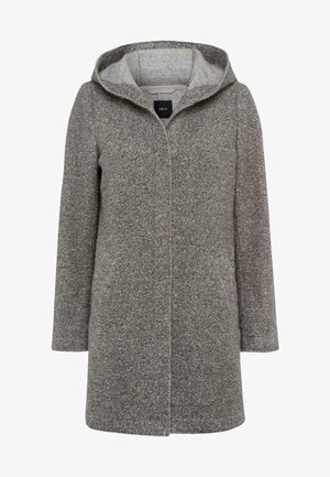 Abrigo de lana gris texturizado con capucha, abertura frontal y mangas largas. Tejido suave y diseño minimalista sin cierres visibles.