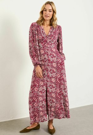 Long, floral dress in shades of burgundy and pink; features a deep V-neck, button closure, long puffed sleeves, and a side slit.