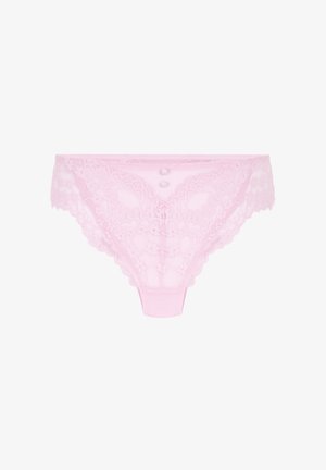 Lichte roze kantenslips met bloemenpatronen, zachte textuur, laag uitgesneden ontwerp en twee decoratieve knopen aan de voorkant. Lichtgewicht en delicaat.