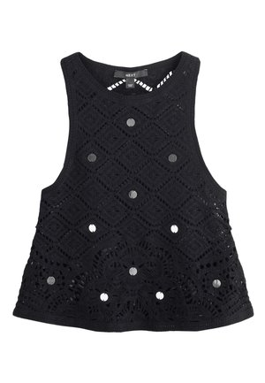 Schwarzes, ärmelloses Häkel-Top mit geometrischen und floralen Mustern sowie kleinen runden metallischen Verzierungen auf der Vorderseite.