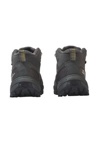 Scarponi da trekking mid-top in grigio scuro realizzati in materiali in rete e pelle. Suola testurizzata per una migliore aderenza, con un accento giallo sul retro.