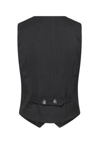 Chaleco entallado gris oscuro con una textura suave, abertura trasera y dos botones negros en la cinturilla. Sin cuello ni adornos adicionales.