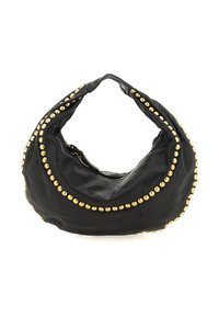 Borsa a forma di mezzaluna in pelle nera con borchie rotonde dorate che contornano i bordi e chiusura con zip.