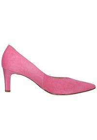 Escarpin femme en daim rose à talon moyen, bout pointu et talon fin sur fond blanc.