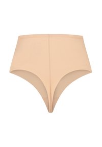 Beżowa bielizna wysoka, wykonana z miękkiego, elastycznego materiału z gładkimi krawędziami i bez widocznych szwów, oferująca elegancki design.