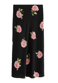 Gonna nera midi con grandi stampe di rose rosa sparse e foglie verdi, tessuto liscio e sottile texture.