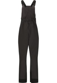Schwarze wasserdichte Latzhose mit verstellbaren Kreuzträgern, elastischem Bund, weitem Bein und verstärkten Bündchen für zusätzliche Robustheit.