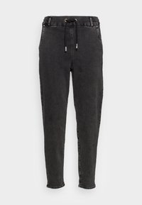 Svarta joggerbyxor i denim, med dragsko i midjan, tapered passform och minimalistisk design utan synliga mönster.