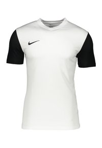 Weißes Sportoberteil mit schwarzen kurzen Ärmeln, V-Ausschnitt-Design, schwarzes Nike-Logo auf der linken Seite, aus atmungsaktivem Material gefertigt.