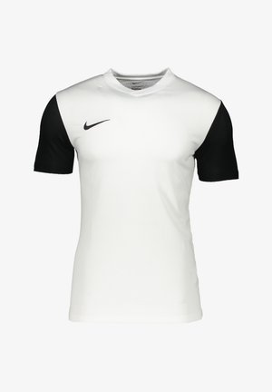 Weißes Sportoberteil mit schwarzen kurzen Ärmeln, V-Ausschnitt-Design, schwarzes Nike-Logo auf der linken Seite, aus atmungsaktivem Material gefertigt.