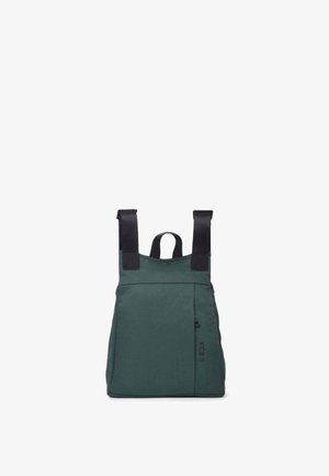 Green fabric backpack with black straps, front zipper pocket, and top carrying loop, standing upright on a white background.
