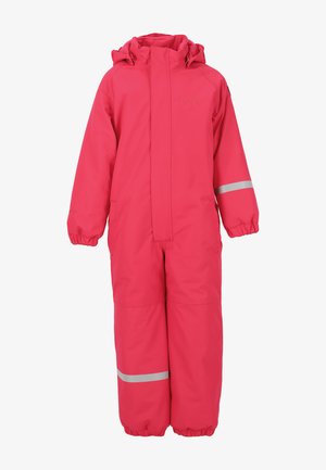 Combinaison de neige étanche rose vif avec une fermeture éclair à l'avant, des poignets élastiques et des bandes réfléchissantes sur les manches et les jambes. Dotée d'une capuche. Design pleine longueur.