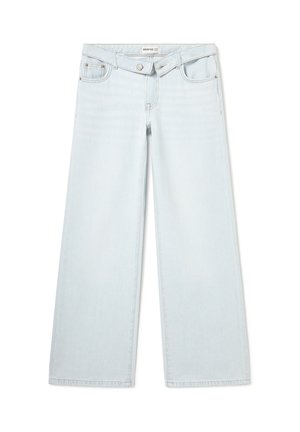 Vaqueros de pierna ancha de color azul claro con cintura alta, trabillas para cinturón, botón frontal y cinco bolsillos.