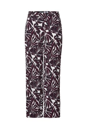 Wide-leg pants in a white fabric featuring a bold, dark purple tropical leaf pattern. Elastic waistband for comfortable fit.