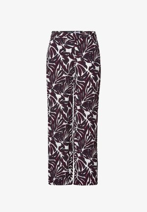 Wide-leg pants in a white fabric featuring a bold, dark purple tropical leaf pattern. Elastic waistband for comfortable fit.