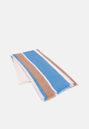 Écharpe rectangulaire pliée avec des rayures verticales bleu, marron et blanc et des bords effilochés sur fond blanc.