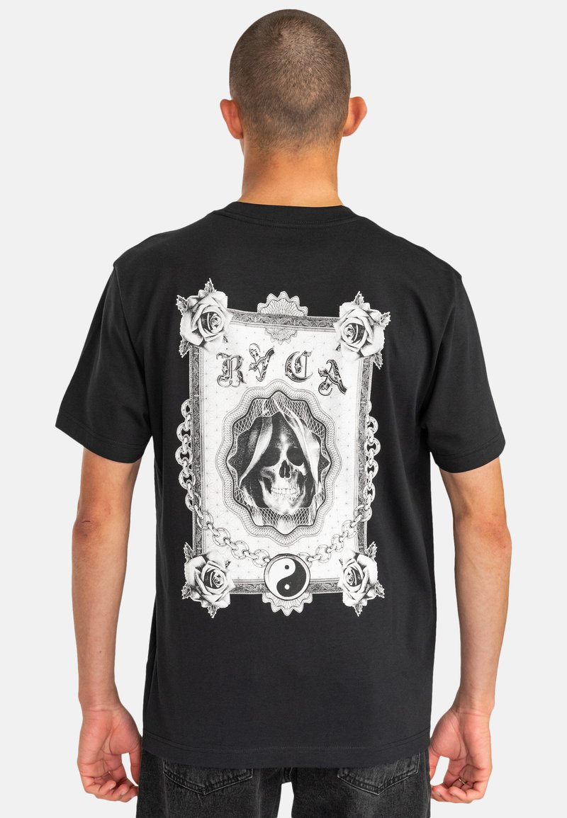 Black short-sleeve t-shirt featuring a detailed white graphic of a skull, roses, and a yin-yang symbol on the back.