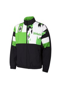 Kleurrijke, gezipperde jas in zwart met spatten van groen en wit. Heeft elastische manchetten en een sportief ontwerp. Logo weergegeven op de borst.