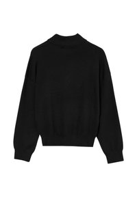 Maglione nero lavorato a maglia con colletto alto, spalle scese e orlo a coste, caratterizzato da un fit morbido e una texture soffice.