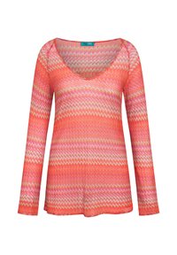 Langärmliges Oberteil im Zickzack-Muster mit orange, pink und weißen Farbtönen. V-Ausschnitt-Design aus einem weichen, strukturierten Strickstoff.