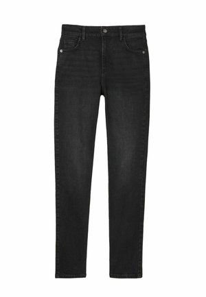Black denim jeans with a slim fit, featuring five pockets, a front button closure, and subtle faded texture along the legs.