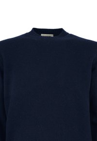 Marineblauwe trui met een geribbelde structuur, ronde hals en korte mouwen. Bevat een label met de branding "ACANE" aan de binnenkant van de kraag.