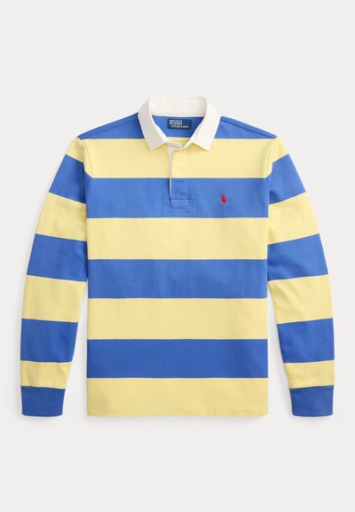 Μακρυμάνικο πόλο μπλουζάκι με μπλε και κίτρινες ρίγες, λευκό γιακά, με μικρό κόκκινο λογότυπο στο αριστερό στήθος και κλασική εφαρμογή.