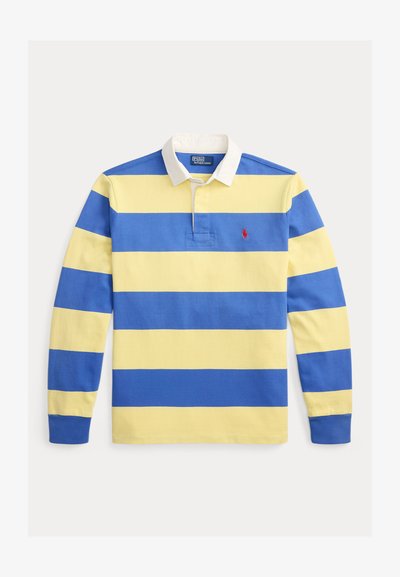 Μακρυμάνικο πόλο μπλουζάκι με μπλε και κίτρινες ρίγες, λευκό γιακά, με μικρό κόκκινο λογότυπο στο αριστερό στήθος και κλασική εφαρμογή.
