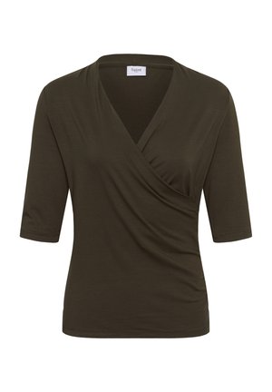 Donkergroene wikkeltop voor dames met ellebooglange mouwen en gerimpelde zijkant.