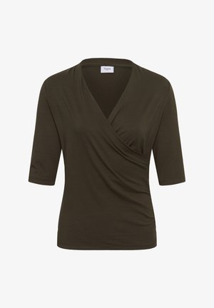 Donkergroene wikkeltop voor dames met ellebooglange mouwen en gerimpelde zijkant.