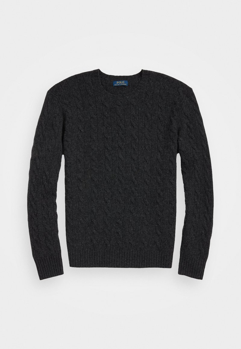 Tummanharmaa cable-knit-neule, jossa on pitkät hihat, pyöreä kaula-aukko sekä resorit hihoissa ja helmassa. Valmistettu lämpimästä teksturoidusta kankaasta.