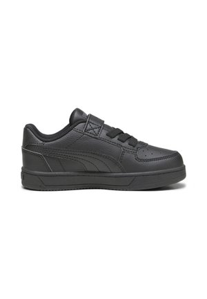 Black leather sneaker with a smooth texture, round toe, lace-up design, and subtle side accents. Features padded collar and rubber sole.