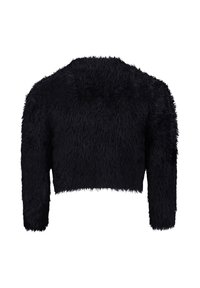 Schwarzer, kurzer Pullover mit flauschiger Textur, langen Ärmeln und rundem Ausschnitt. Die Oberfläche hat ein zotteliges Aussehen.