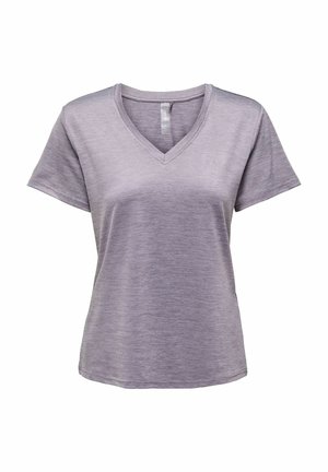 V-Ausschnitt T-Shirt in helllila, mit kurzen Ärmeln, glatter Textur und entspanntem Schnitt. Dezentes Melange-Muster über das ganze Shirt.