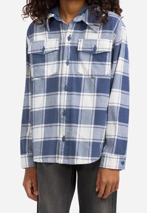 Person iført en blå og hvid ternet skjorte med to forlommer og mørkegrå bukser, torso og arme synlige.