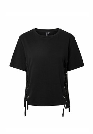 T-shirt noir à manches courtes avec col rond et lacets de chaque côté près de l'ourlet.