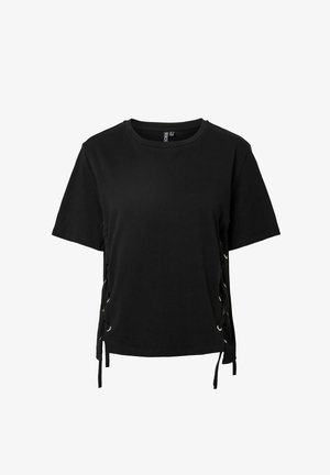 T-shirt noir à manches courtes avec col rond et lacets de chaque côté près de l'ourlet.