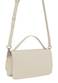 Borsa a tracolla beige realizzata in finta pelle liscia, con una forma rettangolare piatta, una tracolla regolabile e una chiusura a flap ripiegata.
