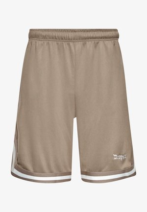 Rudi sportiniai šortai, pagaminti iš tinklinės medžiagos, su tekstūruotu paviršiumi, elastinga juosta ir balta apdaila šoninėse dalyse su logotipo detale.