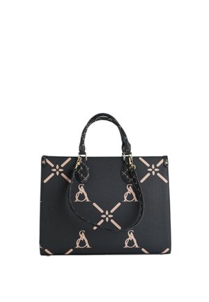 Borsa strutturata nera con doppi manici e tracolla, con motivi decorativi beige e simboli sulla superficie.