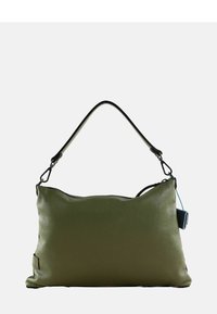 Borsa a spalla in pelle verde oliva con finitura textured, manico curvo nella parte superiore e chiusura a zip, con un accento nero sulla tracolla.