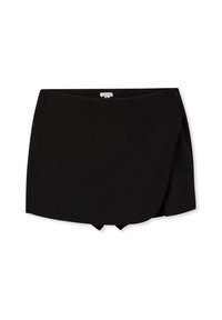 Czarna spódnica o gładkiej fakturze, z prostym dołem i nakładającym się designem, zapinana na zamek błyskawiczny z boku.