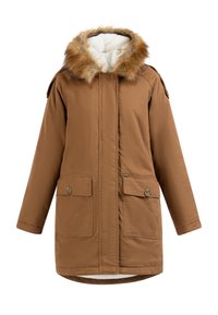 Bruine, geïsoleerde parka met een nepbont capuchon. Voorzien van twee voorzakken met knoopsluitingen en een zachte binnenvoering.
