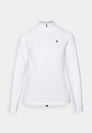 Pull en blanc à manches longues avec un col zippé à quart, orné d'un logo noir sur la poitrine et fabriqué dans un tissu lisse et léger.