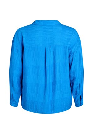 Blaues Langarmhemd mit strukturiertem Muster, Falten-Detail an der Rückseite und einem Kragen, Rückansicht.