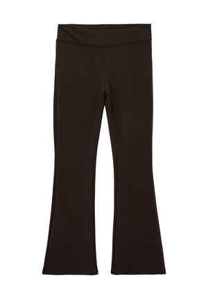 Sorte udvidede yogabukser med bred talje, smalle gennem lårene, lavet af glat strækstof.