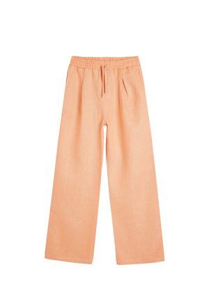 Lys ferskenfarvede wide-leg bukser med elastisk talje, snor og to frontlommer. Lavet af et blødt, tekstureret stof.