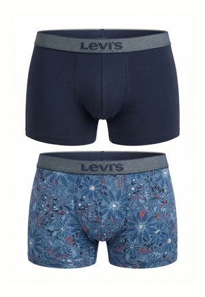 Dwie pary bokserek Levi’s, jedne jednokolorowe granatowe, drugie niebieskie w kwiatowy wzór, obie z szarym elastycznym pasem w talii.