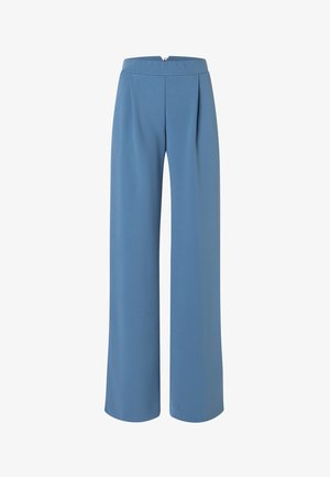 Weite Hosen in einem hellblauen Farbton mit glatter Textur, versehen mit Falten an der Vorderseite und einem verdeckten Reißverschluss auf der Rückseite.